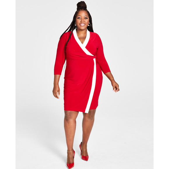 Kasper Surplice V-Neck Long Sleeve Dress Crimson Cream Plus Size 3X - Picture 1 of 1
